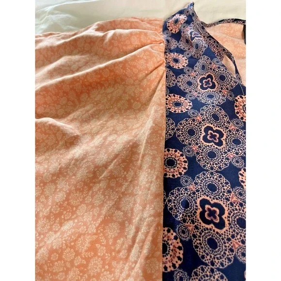 Bobeau Peasant Dress Sz M Coral/Navy Colorblock Boho Tassels - Picture 7 of 11